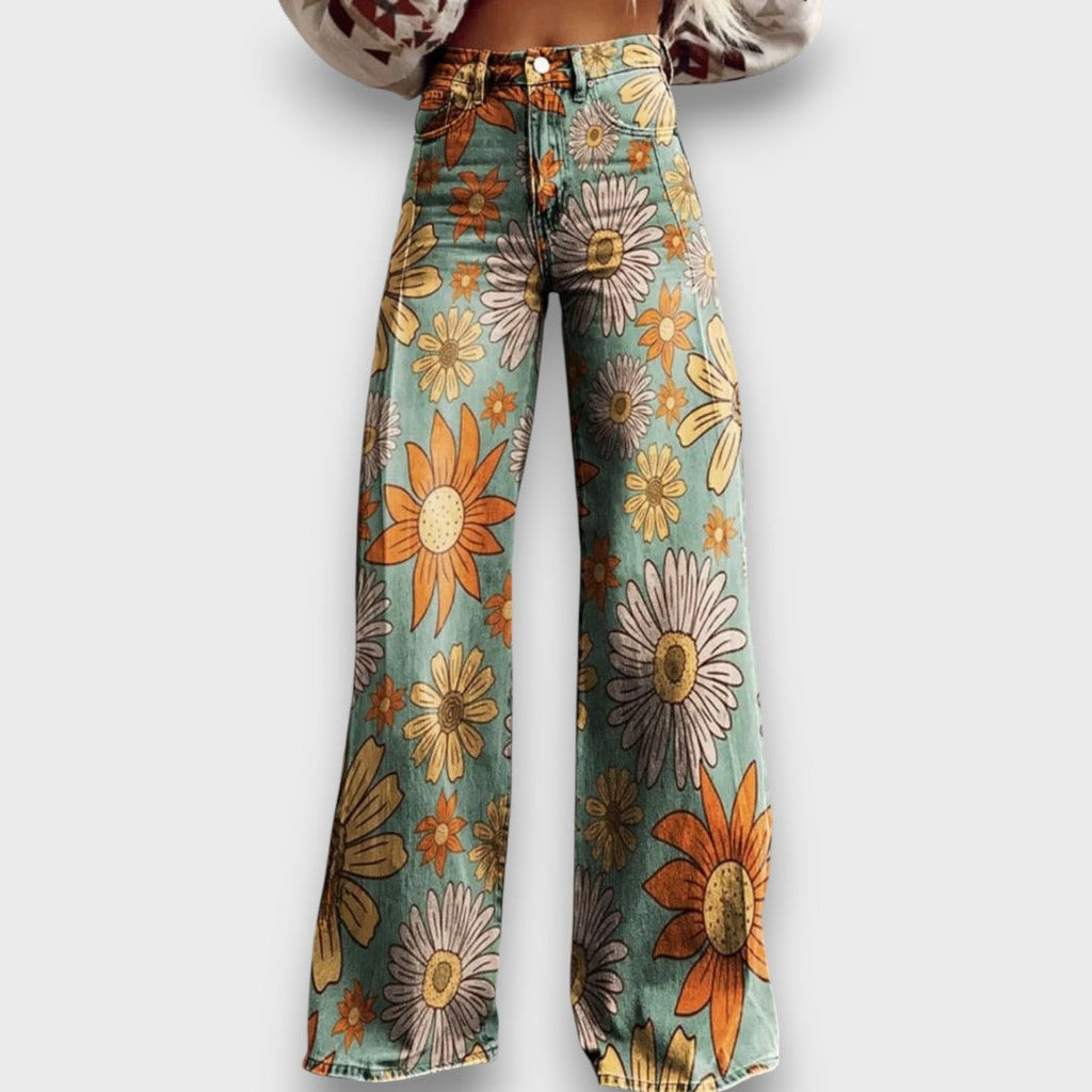 Fiorella – Jeans a gamba larga con stampa floreale retrò