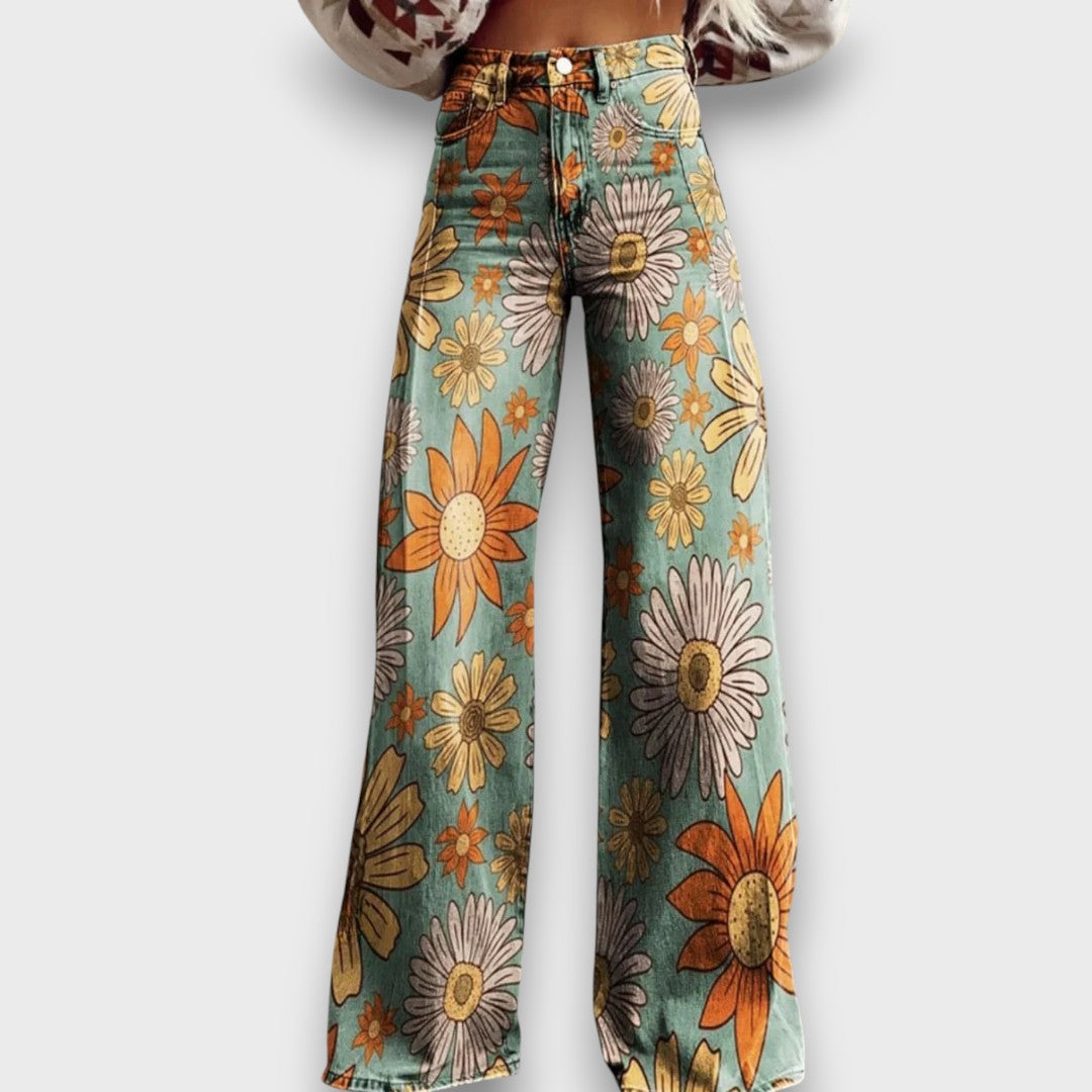 Fiorella – Jeans a gamba larga con stampa floreale retrò