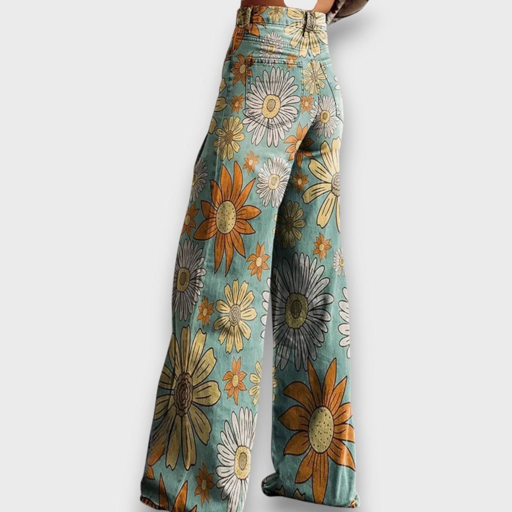 Fiorella – Jeans a gamba larga con stampa floreale retrò